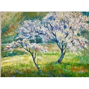 Sabiha Nasar-ud-Deen, Apple Blossoms, 18 x 24 Inch, Oil with knife on Canvas, Landscape Painting, AC-SBND-057